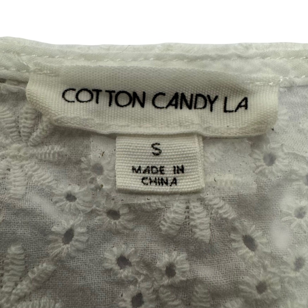 Cotton Candy LA White Eyelet Button Front Crop Top Small Floral Embroidery - Picture 2 of 5